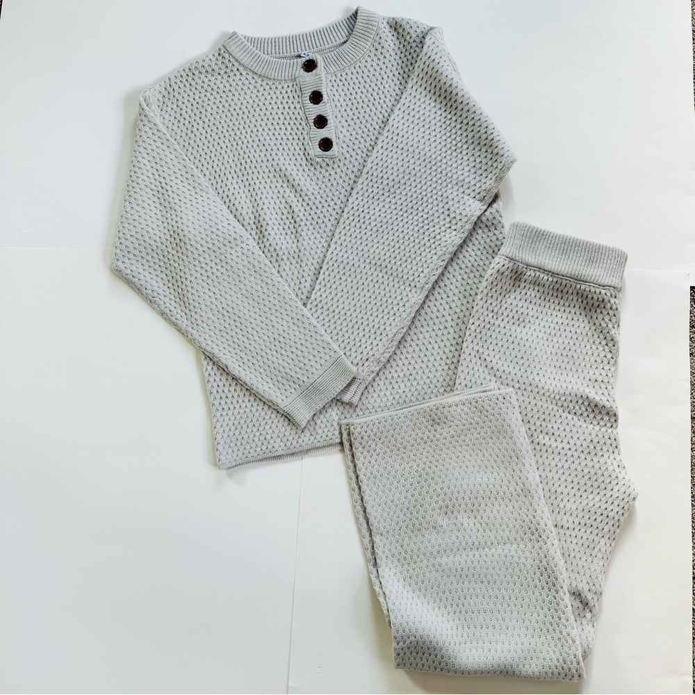 Waffle Knit Henley Lounge Set Oatmeal Beige Medium Cozy Knit (Everlane like) - Picture 15 of 15